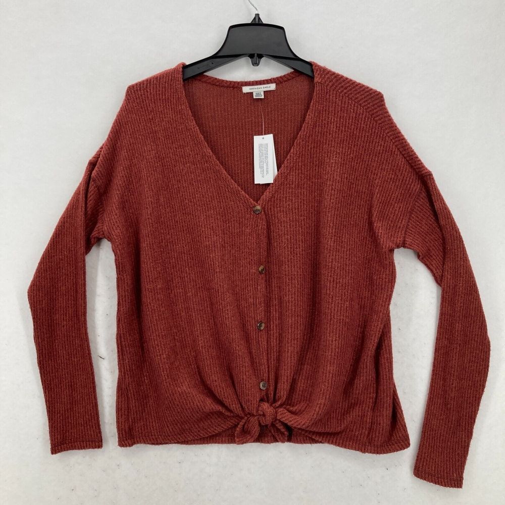 American Eagle Ribbed Tie Front Button Cardigan Sweater Red Medium Casual‎ Boho